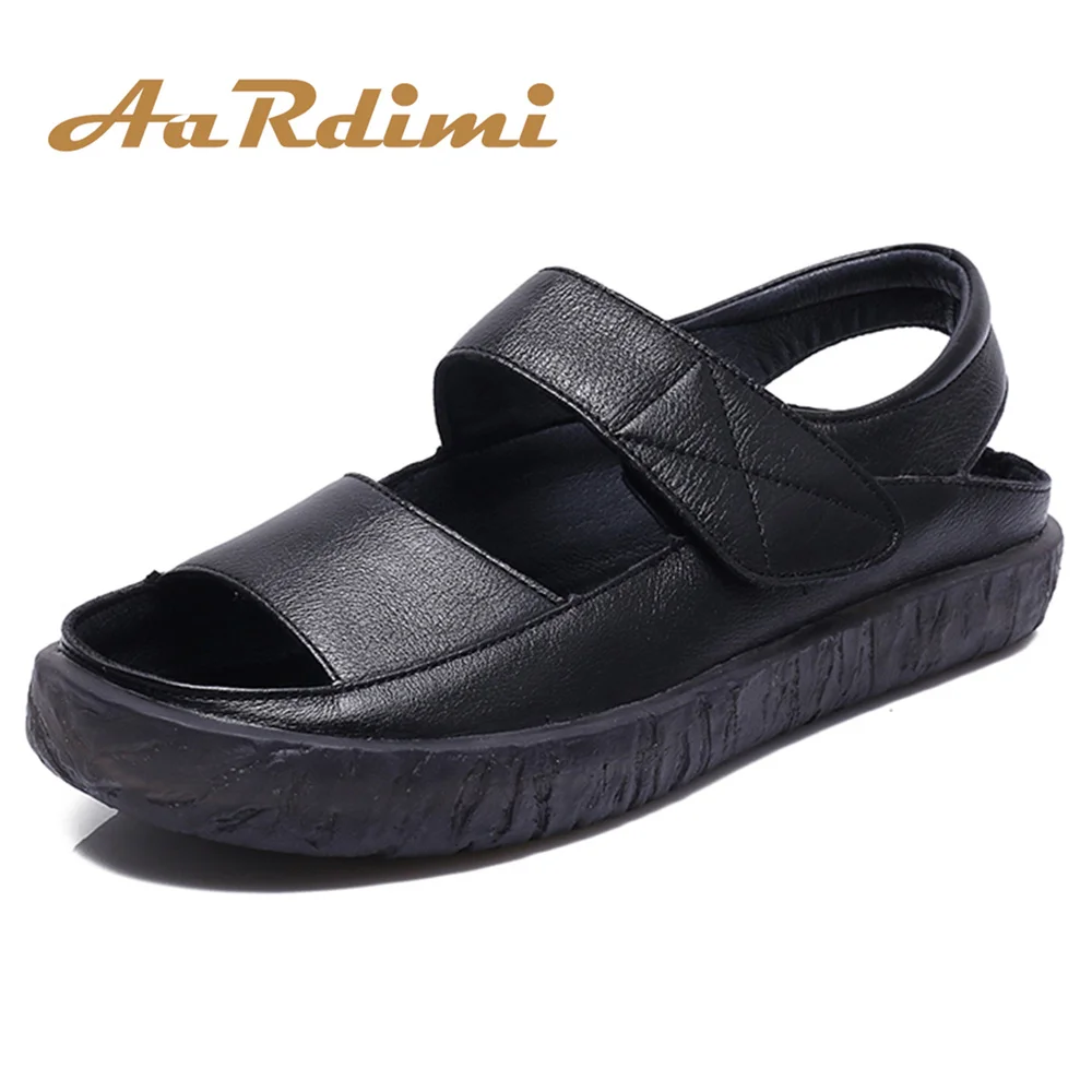 

AARDIMI Handmade Women Sandals Genuine Leather Vintage Flat Sandals For Woman Hook & Loop Summer Sandals Mother Shoes