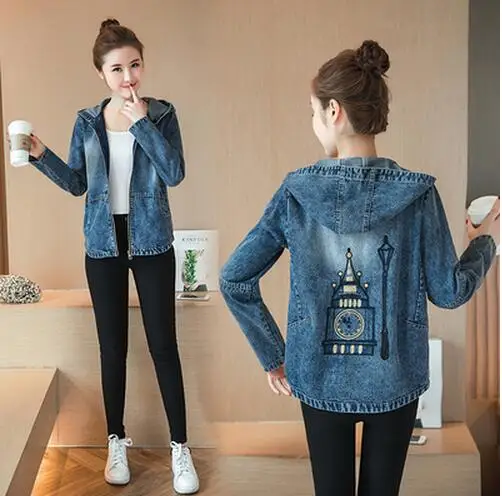 2018 Spring Denim Slim embroidery Jacket Women Cotton Light Washed long Sleeves lapel zipper