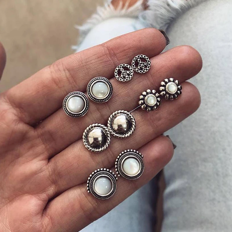 

10 Pcs/ Set Simple Flowers Peace Symbol Gem Opal Geometric Silver Earrings Set Women Fashion Stud Earrings Set Combination