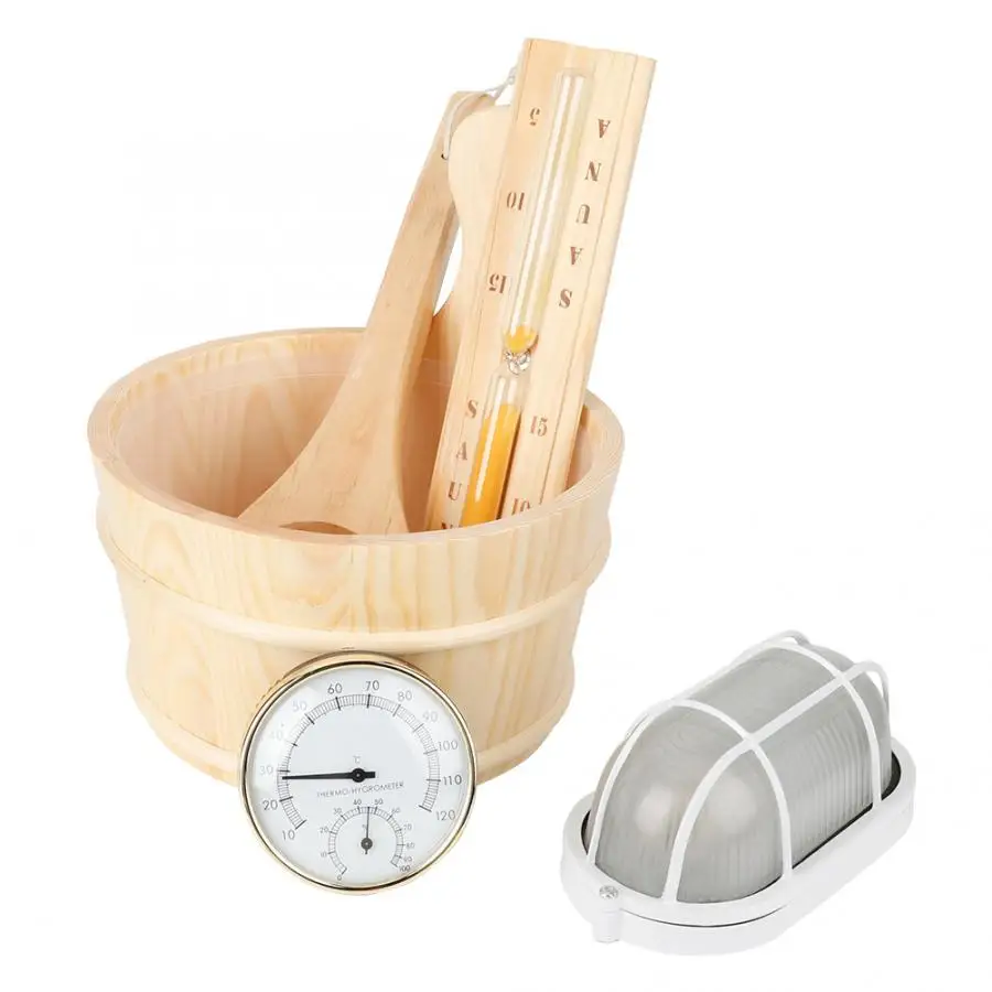 

5Pcs/Set Sauna Tool Bucket + Scoop + Sand Clock + Thermometer + Explosion Proof Light Accessory