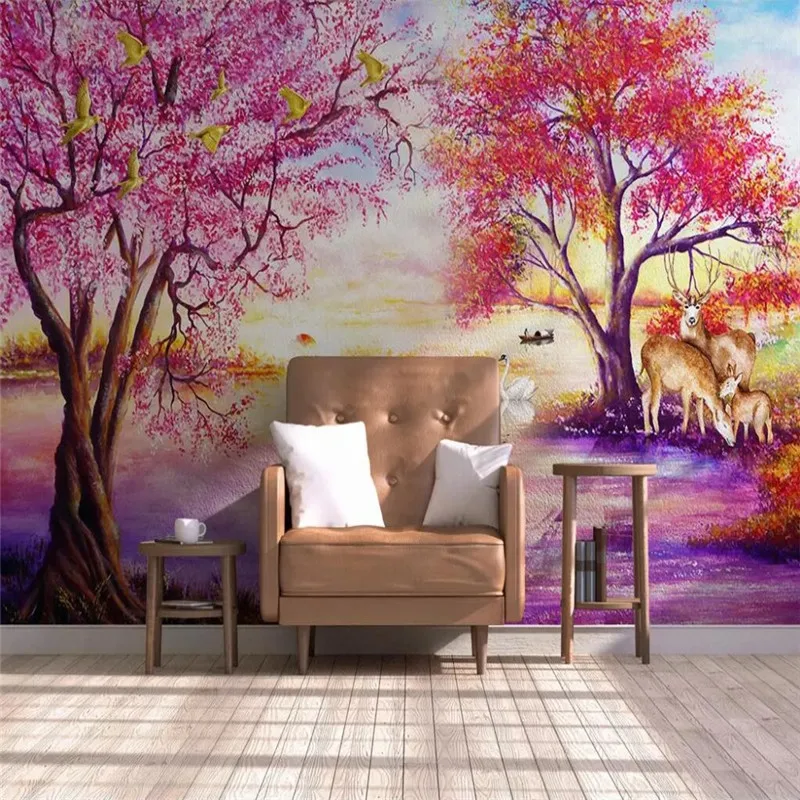 

European forest tree tree elk swan lake wall professional production murals, wallpaper wholesale, custom poster photo wall