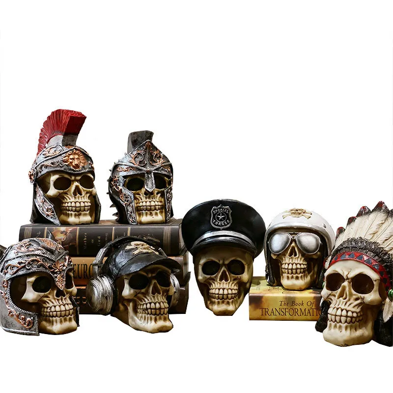 

[New] Retro Sculpture Art Carving Pirate Indian Soldier Pilot Skull ornament figure model Statue Home Decorations Figurines