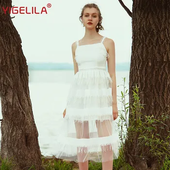 

YIGELILA Fashion Women White Spaghetti Strap Party Dress Summer Solid Square Neck Empire Slim Mid Length Tassel Long Dress 63782