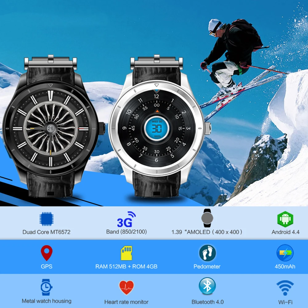  Q3 1.39 Inch Amoled Screen Smart Watch Android 3G GPS WIFI Bluetooth Heart Rate Monitor Smartwatch 