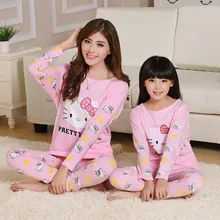 Семейные рождественские пижамы с принтом «hello kitty», Одинаковая одежда для мамы и дочки, хлопковые пижамы с длинными рукавами, пижамы для детей