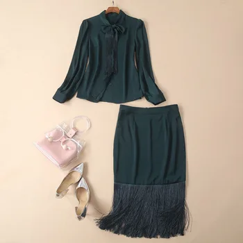 

European and American women's fashion 2019 spring new style Long-sleeved bow shirt Fringe skirt suit