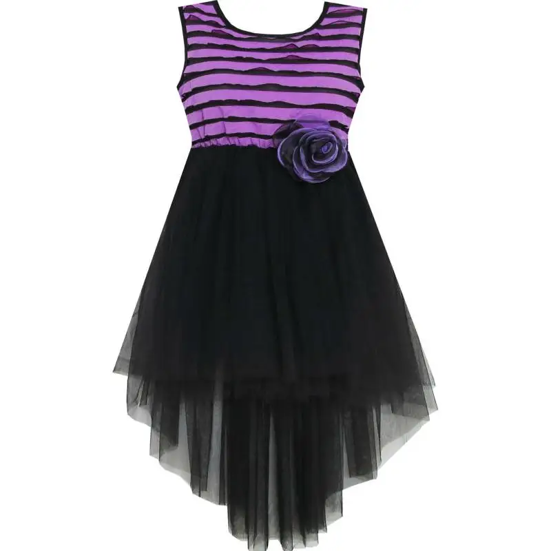 Girls Dress Hi-Lo Maxi Sleeveless Striped Lace Purple Black 2020 Summer Princess Wedding Party Dresses Size 7-14 Carnival | Детская