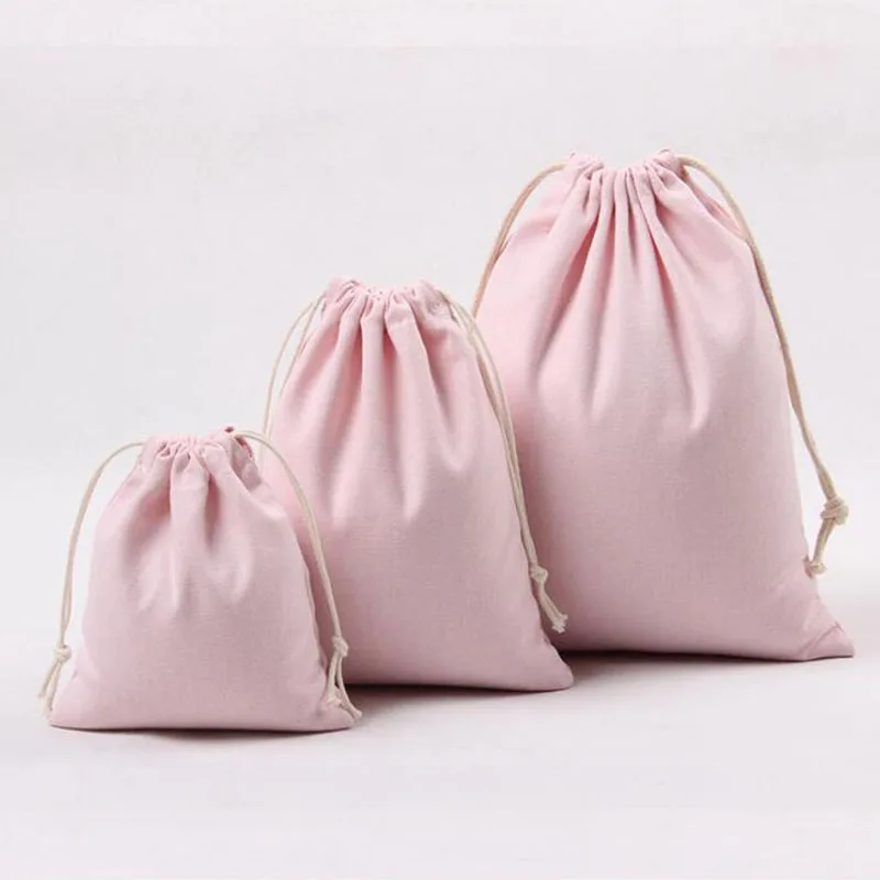 Pink Canvas Drawstring Bags Cotton Storage Bags Laundry Favor Holder