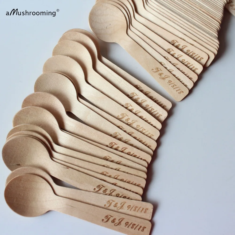 

x100 Personalized Engraved Small Taster Spoons Rustic Wedding Wooden Silverware Mini Ice Cream Cake Dessert Spoons