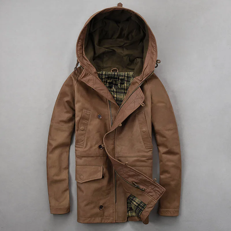 

Top Quality Men Natural Cowhide Leather Long Jacket Vintage Hoody Genuine Leather Coat Slim Fit Motorcycle Windproof Jackets 3XL