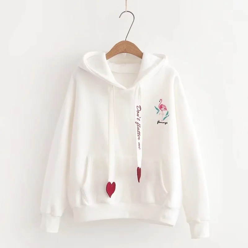 

Autumn Winter Korean Version Sweatshirts Female Loose Padded Hooded Top Streamer Embroidery Large Size Long Sleeve Fleece Tops