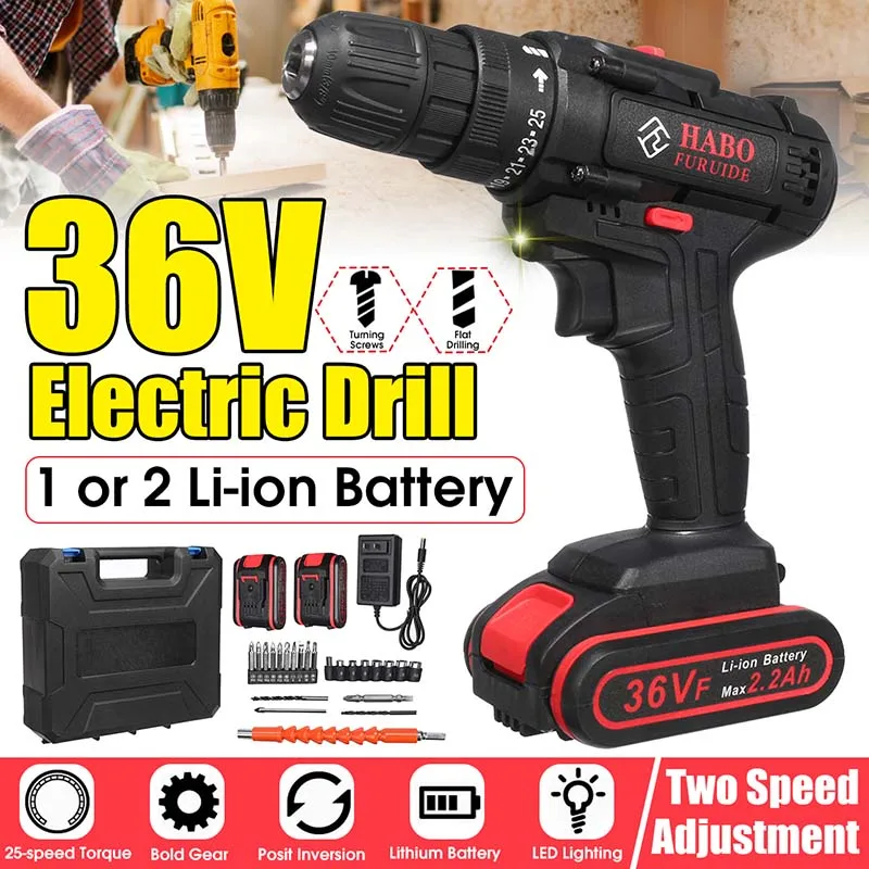 

DOERSUPP 36V Max Dual Speed Electric Screwdriver Cordless Drill Impact Drill Mini Wireless Power Driver DC Lithium-Ion Battery