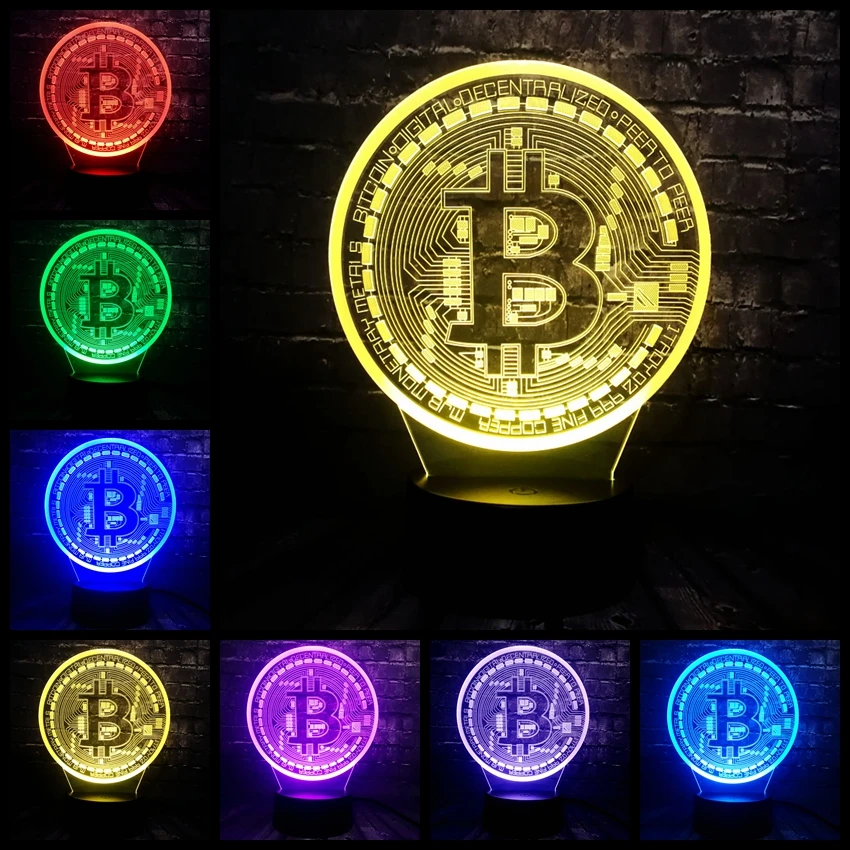 Новый 3D иллюзия LED 7 цветов Изменение USB База Блеск акриловая панель Биткоин декор