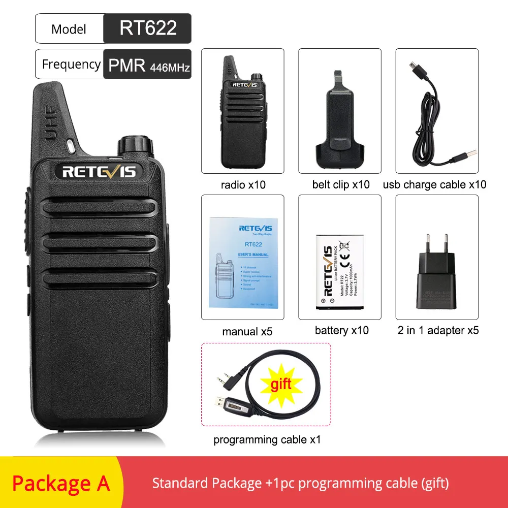 10 шт. Retevis RT622 RT22 Мини Портативная рация радиостанция 16CH UHF VOX сканирование шумоподавление двухстороннее радио портативный+ кабель для программирования - Цвет: PMR-Package A