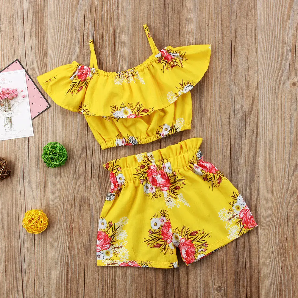 

Baby Kids Girls Floral Strap Tops Shorts Summer Outfits Clothes Set