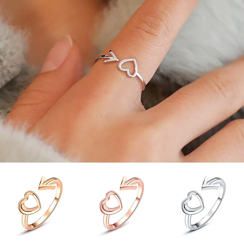 Rose Gold Open Adjustable Finger Shellhard Cute Simple Hollow Love Heart Arrow Rings for Women Girls Birthday Gift Jewelry