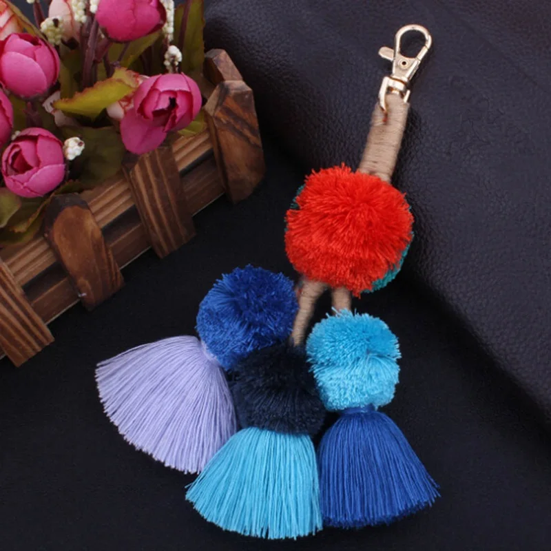 Leather Tassels With Mink Fur Ball Key Chain With One Tassels For Car Keychain Bag Key Ring