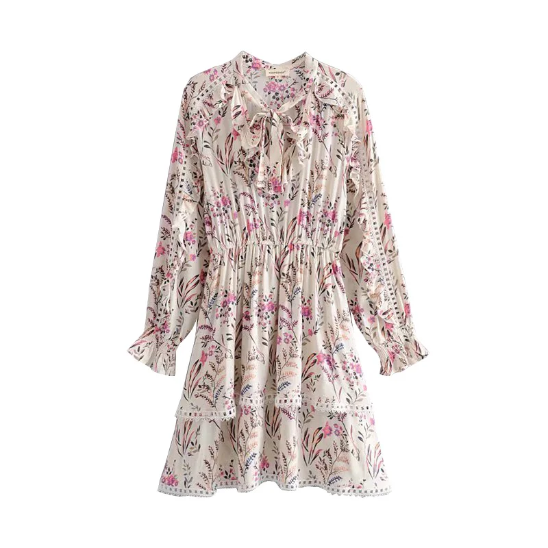 بوهو شيك الصيف خمر الأزهار طباعة منزعج البسيطة اللباس المرأة 2019 الحياكة بطريقة القوس المتعادل الدانتيل خليط شاطئ فساتين Vestidos موهير