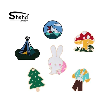 

shshd Cartoon Rabbit Mushroom Tree Brooch Tent Medal Enamel Pins Fashion Cute Metal Badge Lapel Pin Travel Souvenir Jewelry Gift