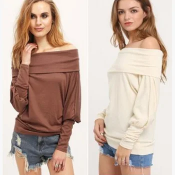

Women Autumn Sexy Slash Neck Knitwear Batwing Sleeve Off Shoulder Casual Slim Pullover Sweater Solid Color Pull Femme Tops
