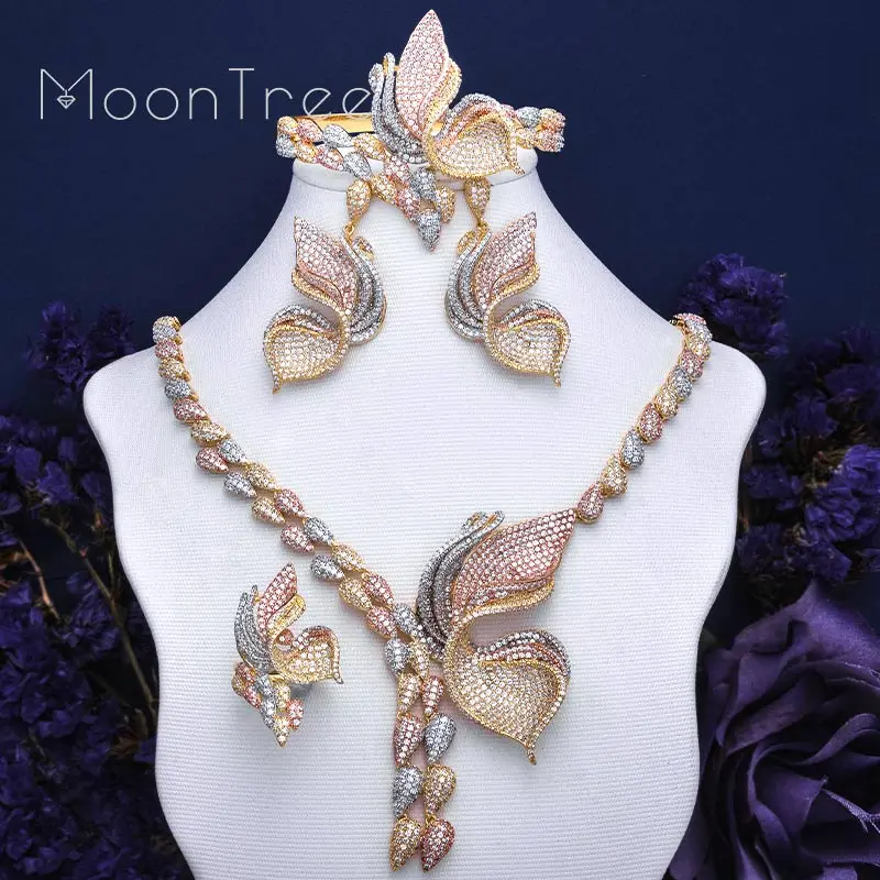 

MoonTree Luxury Butterfly Full Cubic Zirconia Pave Wedding Copper Necklace Dangle Earring Ring Jewelry Sets For Women