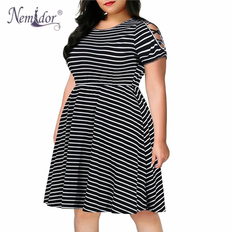 Nemidor Women Casual O-neck Short Sleeve Stripe Print A-line Dress Plus Size 7XL 8XL 9XL Swing Fit and Flare Dress With Pockets