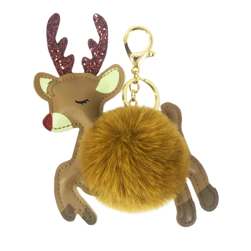 

Cute PU faux leather animal Christmas moose ball key chain pendant lady bag car pendant Christmas gift.