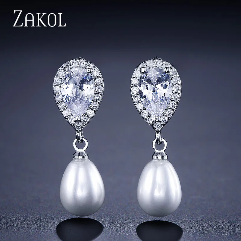

ZAKOL White Color Gorgerous Imitation Pearl And Cubic Zirconia Oval Shape Fashion Ladies Drop Earrings For Party FSEP516