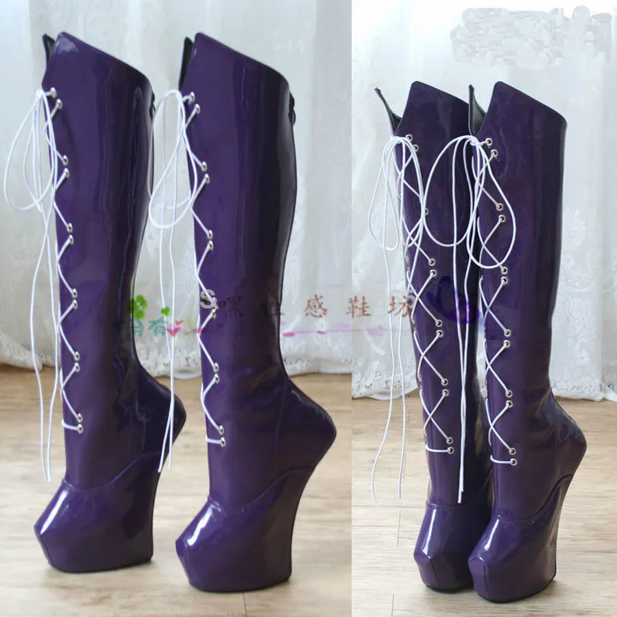 Women Boots High Heels Knee-High Long Boots Sexy Horseshoe Heels Patent Leather Winter Boots Sexy Nightclub Botas Femininas C252