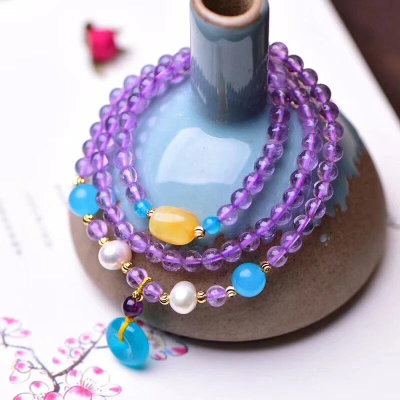 

Newly Natural Lavender Amethyst Quartz Green Amazonite Pendant 3 Laps Round Beads Bracelet Woman 5mm Crystal Gift AAAAA
