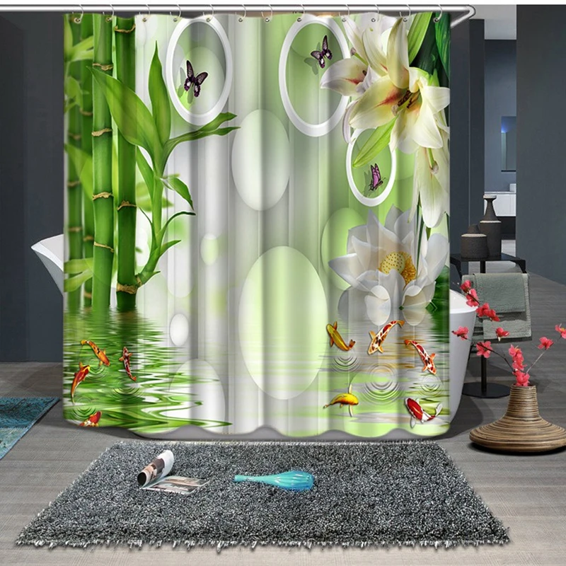 Bamboo Lotus and Butterfly Pattern New  Shower Curtains Bathroom Curtain Waterproof Thickened Bath Curtain Customizable
