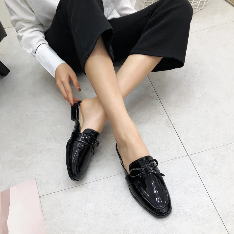 

Liren 2019 Summer Fashion PU Lady Round Toe Flat Heels Slippers Bow Decoration Casual Style Women Slippers Sandals Size 35-39