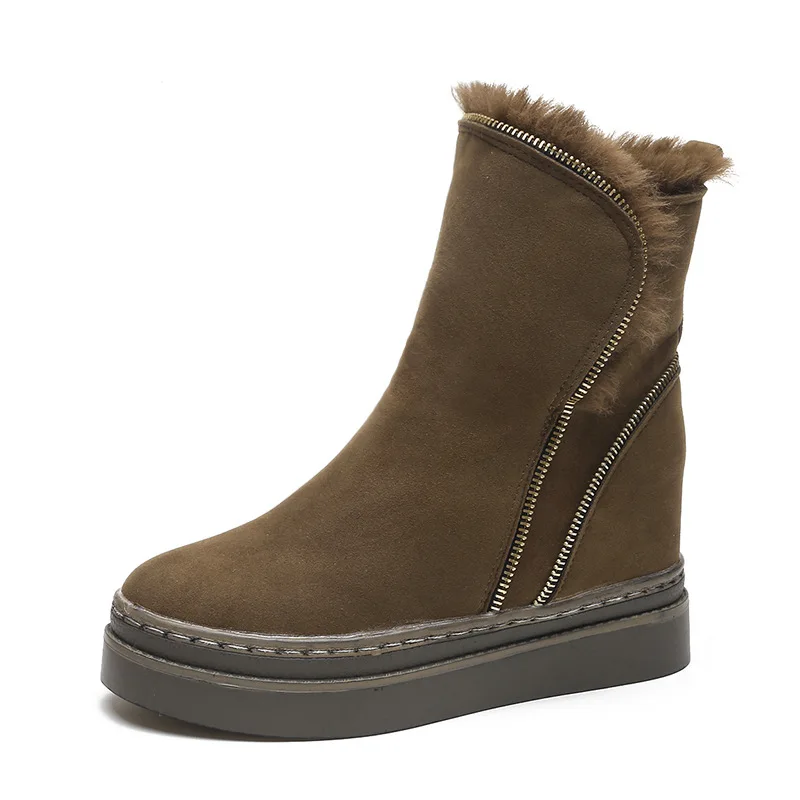 

2018 winter new Korean version of the round head comfortable wild side zipper warm ladies snow boots army green 0106