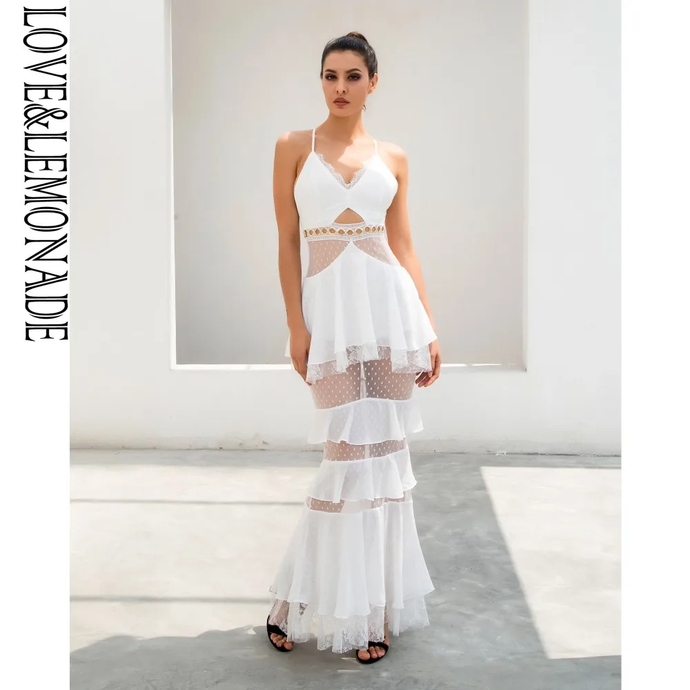 

LOVE&LEMONADE White Layered Flounced Chiffon Lace Long Dress LM81115