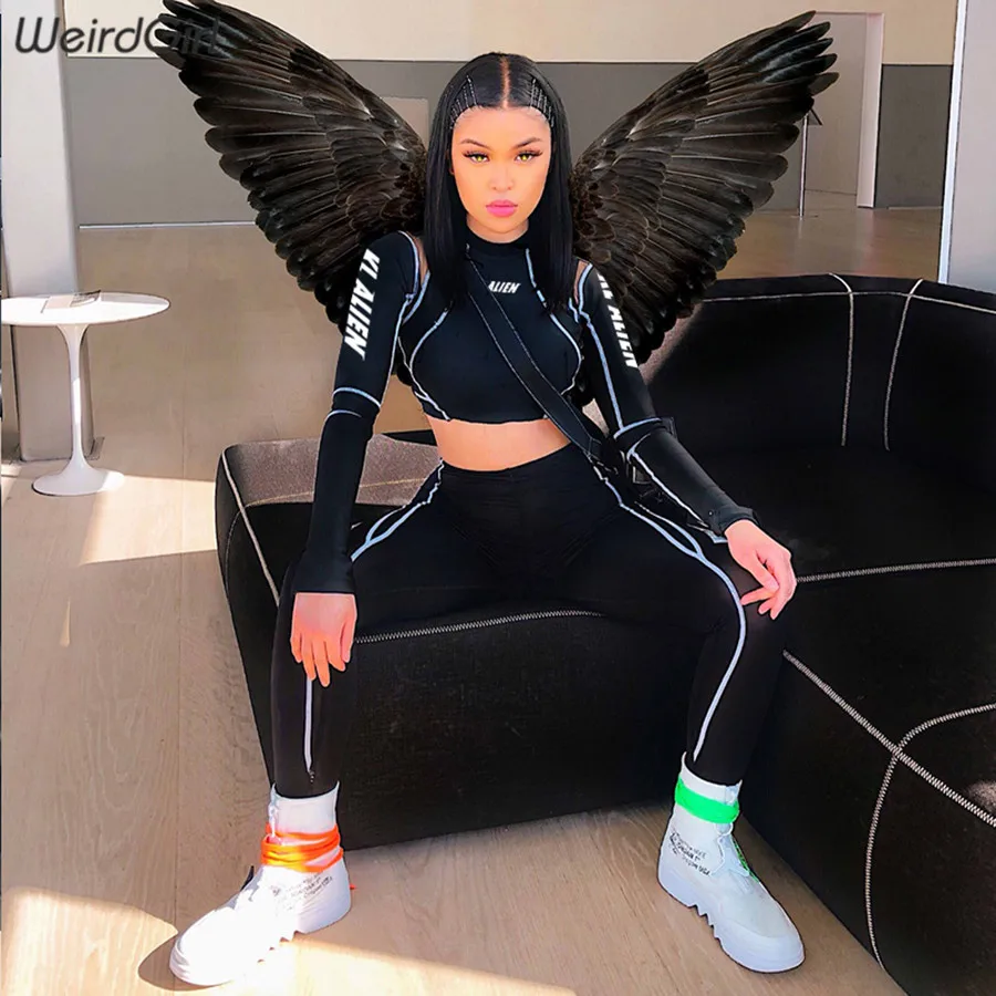 Weirdgirl اثنين قطعة مجموعة 2018 النساء رياضية عارضة اللياقة البدنية الأزياء ضئيلة مثير عالية الخصر كامل كم كامل o إلكتروني