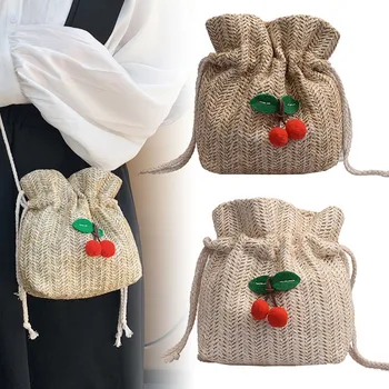 

Women Bucket Bags Woven Cherry Decor Vintage Chic Mini Messenger Bag Best Sale-WT