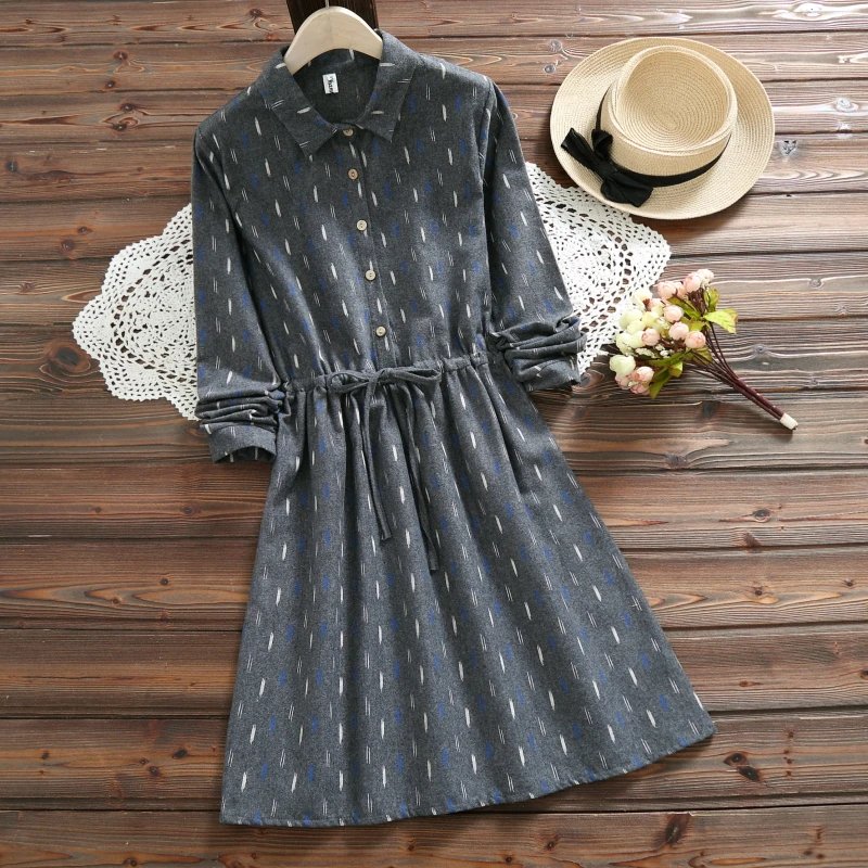 

Mori Girl Autumn Winter Women Cute Dress Vintage Print Cotton Gray Navy Blue Female Robe Elbise Full Sleeve Dress Womens Elegant