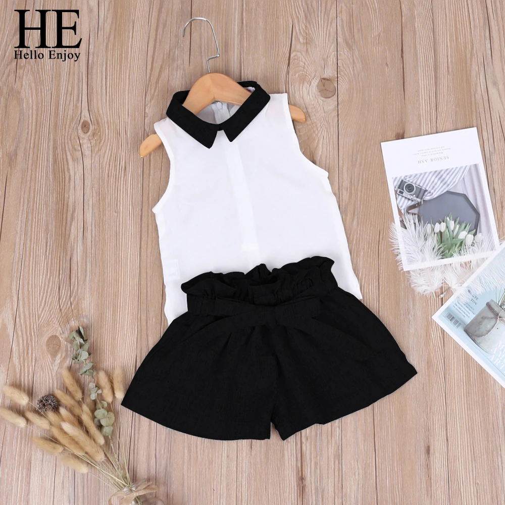 

HE Hello Enjoy Summer Baby Girls Clothing Set Chiffon Sleeveless Tops+Bowknot Shorts 2pcs Kid Suits Children Clothing Girls 2-6T