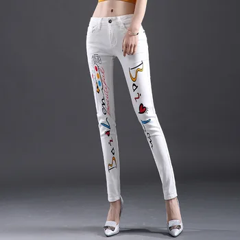 

2019 New Spring Autumn White Denim Pants for Women Elasticity Skinny Pencil Jeans Slim Waist Printing Students Long Trousers