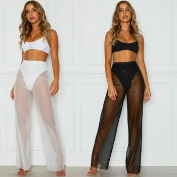 

HOT Women's Summer Mesh Sheer High Waist Pants Cover Up Wide Leg Trousers