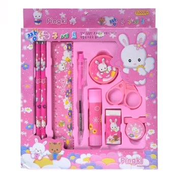 

cheap Cartoon Kawaii notebook Pencil Ruler Eraser Sharpener 9 In 1 Stationery Set For Boy Girls Kids Gift School prize Free Ship