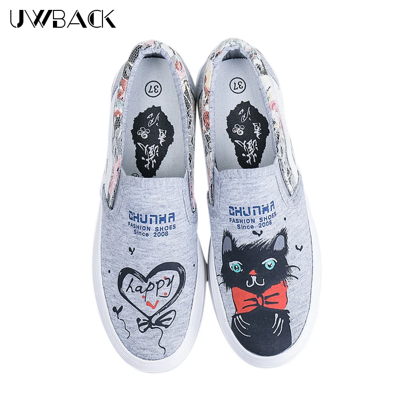 

2017 New Fashion Spring Canvas Women Hand-Painted Cat Slip-On Flat Shoes Side Lace&Flower Thick Sole Comfort Student Shoes XJ260