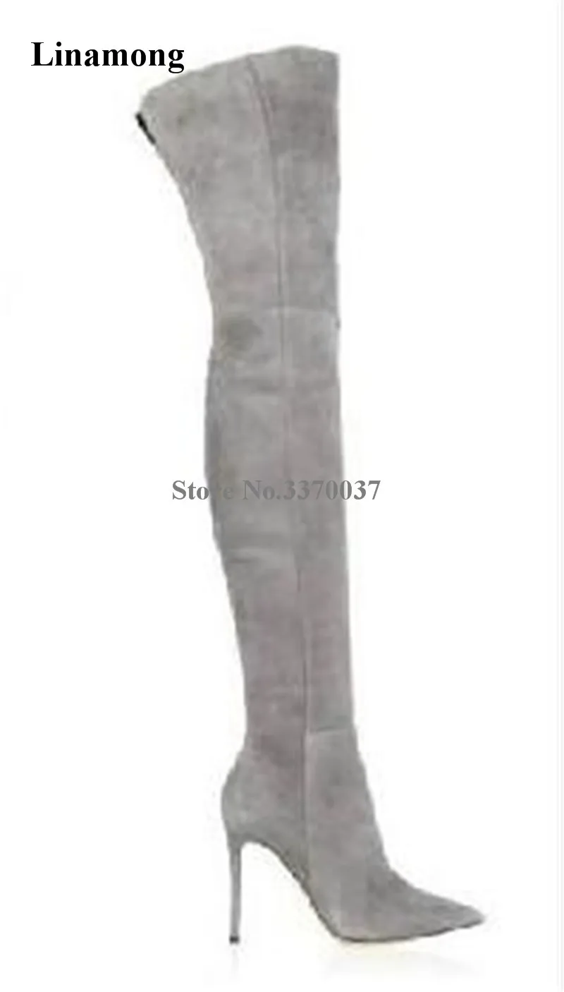 Ladies Sexy Pointed Toe Suede Leather Over Knee Thin Heel Boots Grey ...