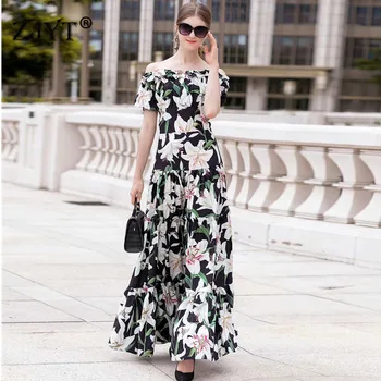 

New Fashion 2019 Summer Designer Runway Maxi Dress Women Short Sleeve Slash Neck Floral Print Sexy Long Vacation Party Dresses