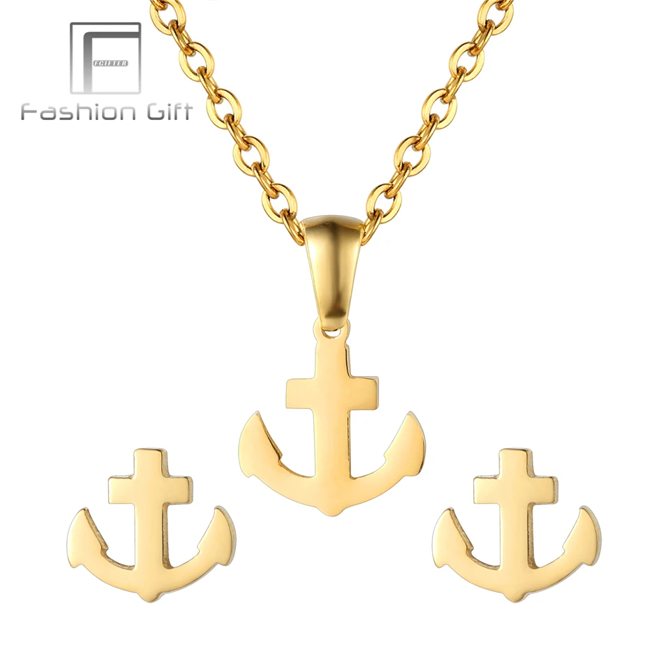 

FGifter Gold Color Jewelery Set Anchor Necklace Earrings Set of Jewelry Stainless Steel Pendant Chain New Year Gifts
