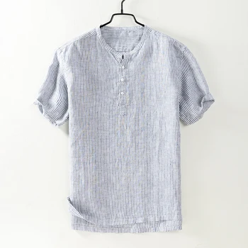 

High quality 2018 Fashion new 100% Linen stand-collar Men's striped short sleeve shirts loose casual mens shirts mens shirts
