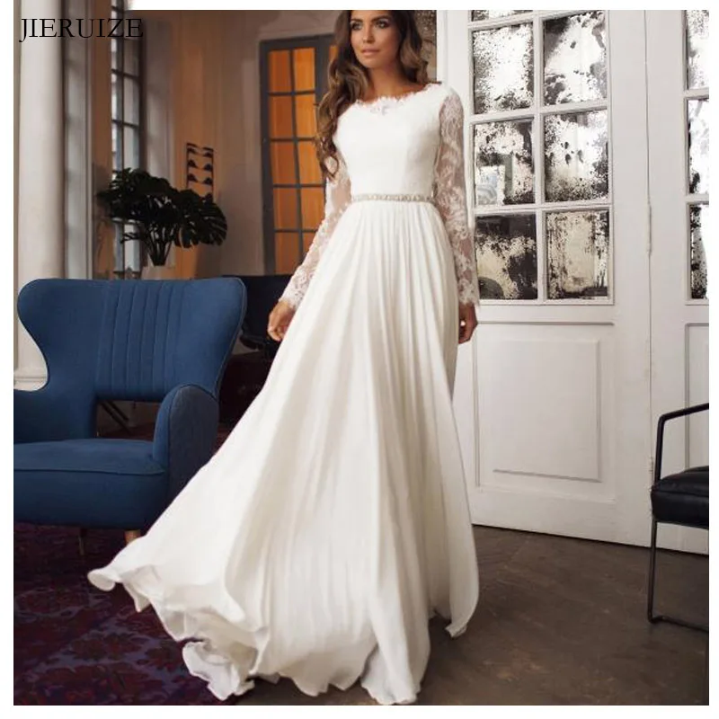 JIERUIZE Wit Chiffon Kant Backless Boho Trouwjurken 2019 Lange Mouwen Beach Bruid Jurken Bruidsjurken abito da sposa JIERUIZE Wit Chiffon Kant Backless Boho Trouwjurken 2019 Lange Mouwen Beach Bruid Jurken Bruidsjurken abito da sposa