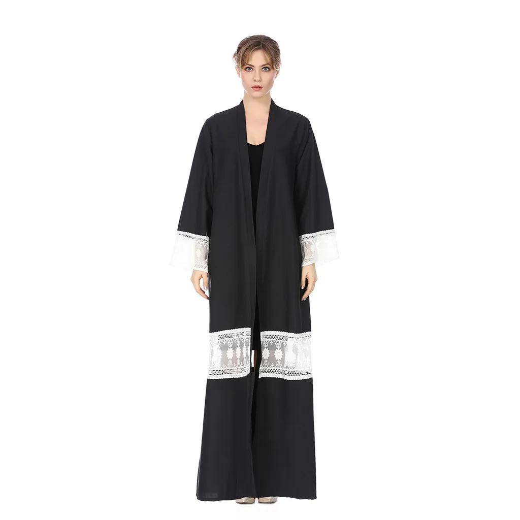 

2019 Muslim Dress Cotton Long Lace patchwork Black cardigan Long Temperament Robes Worship Long Dress Maxi Dress L411A