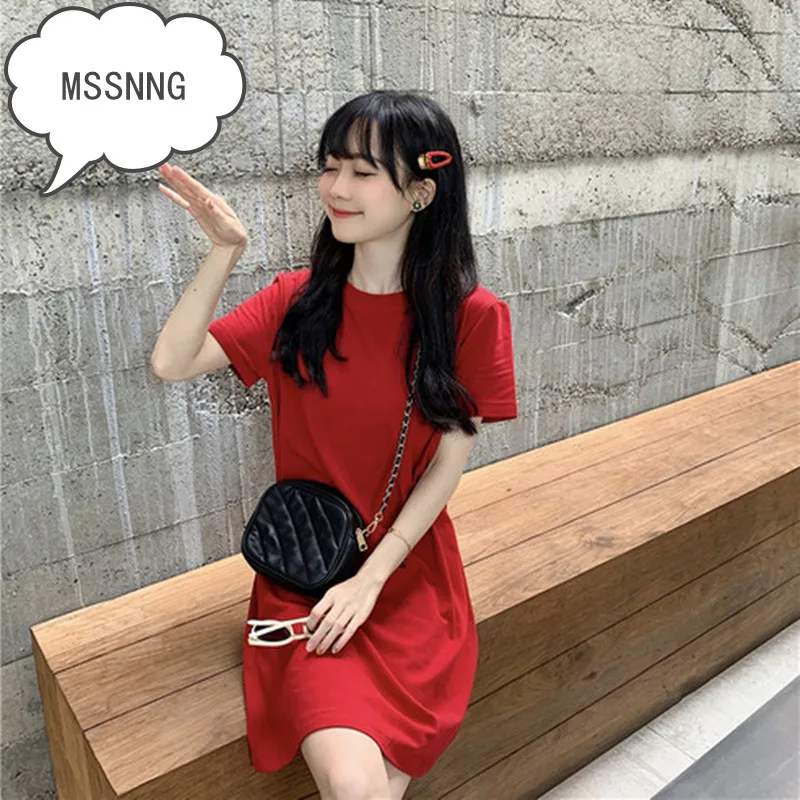 MSSNNG Summer Girl Fashion Wild Solid Color Round Neck Loose Short-Sleeved Dress Korean Version Of The New Product 2019 | Женская одежда