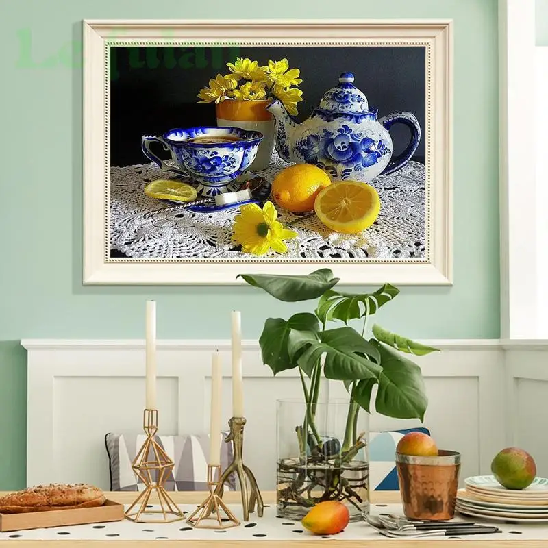 

Full Diy Round Diamond Embroidery Painting Rhinestones Kit Lemon And Cup A Mosaic Picture Decoration For Dining Room Hobby Gift